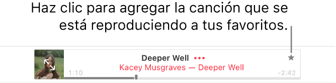 La parte superior de Apple Music mostrando la canción que se está reproduciendo. Haz clic en el botón Favorito a la derecha del título de la canción para marcar esa canción como favorita.