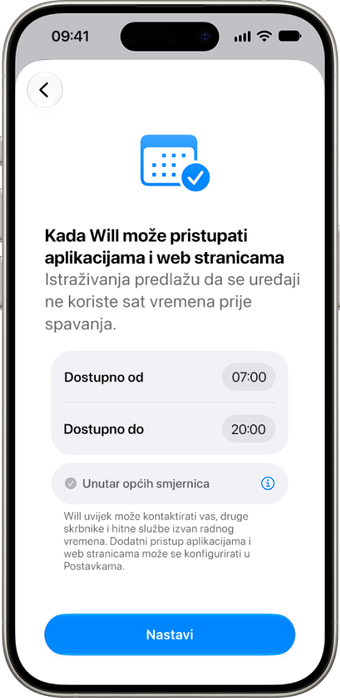 Zaslon za podešavanje roditeljskih kontrola koji prikazuje sate u kojima dijete može pristupiti svom uređaju.