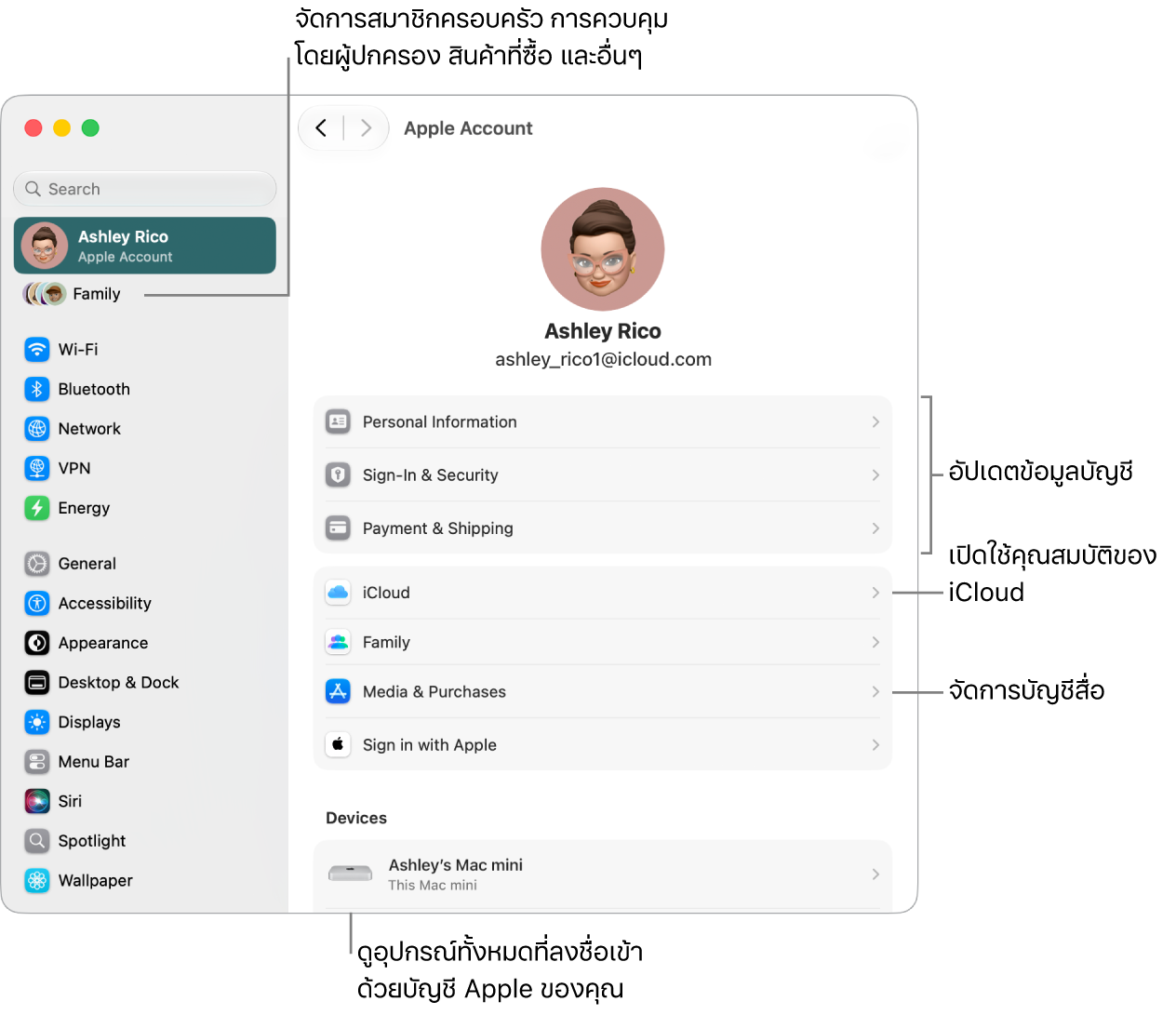 การตั้งค่าบัญชี&nbsp;Apple ในการตั้งค่าระบบที่มีตัวชี้บรรยายไปยังการอัปเดตข้อมูลบัญชี, เปิดใช้หรือปิดใช้คุณสมบัติ iCloud, จัดการบัญชีสื่อ และปรับการตั้งค่าครอบครัว ซึ่งคุณสามารถจัดการสมาชิกครอบครัว การควบคุมโดยผู้ปกครอง การซื้อสินค้า และอื่นๆ ได้
