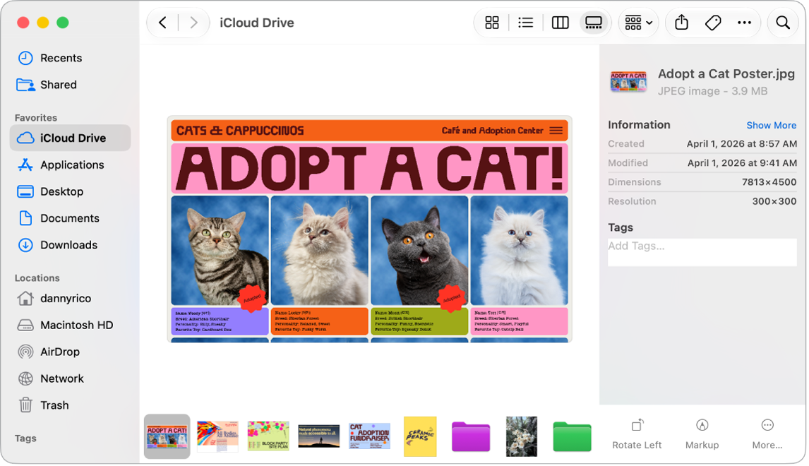 An open Finder window, displaying files and folders in Gallery mode. The markup button and file details are on the right.