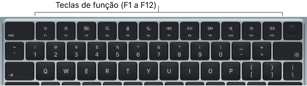 Teclado do MacBook Air mostrando a fileira de teclas de função na parte superior.
