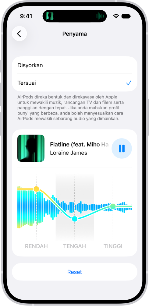 Skrin iPhone menunjukkan Penyama Ditetapkan kepada Tersuai, dengan gelangsar Rendah, Sederhana dan Tinggi di bawah.