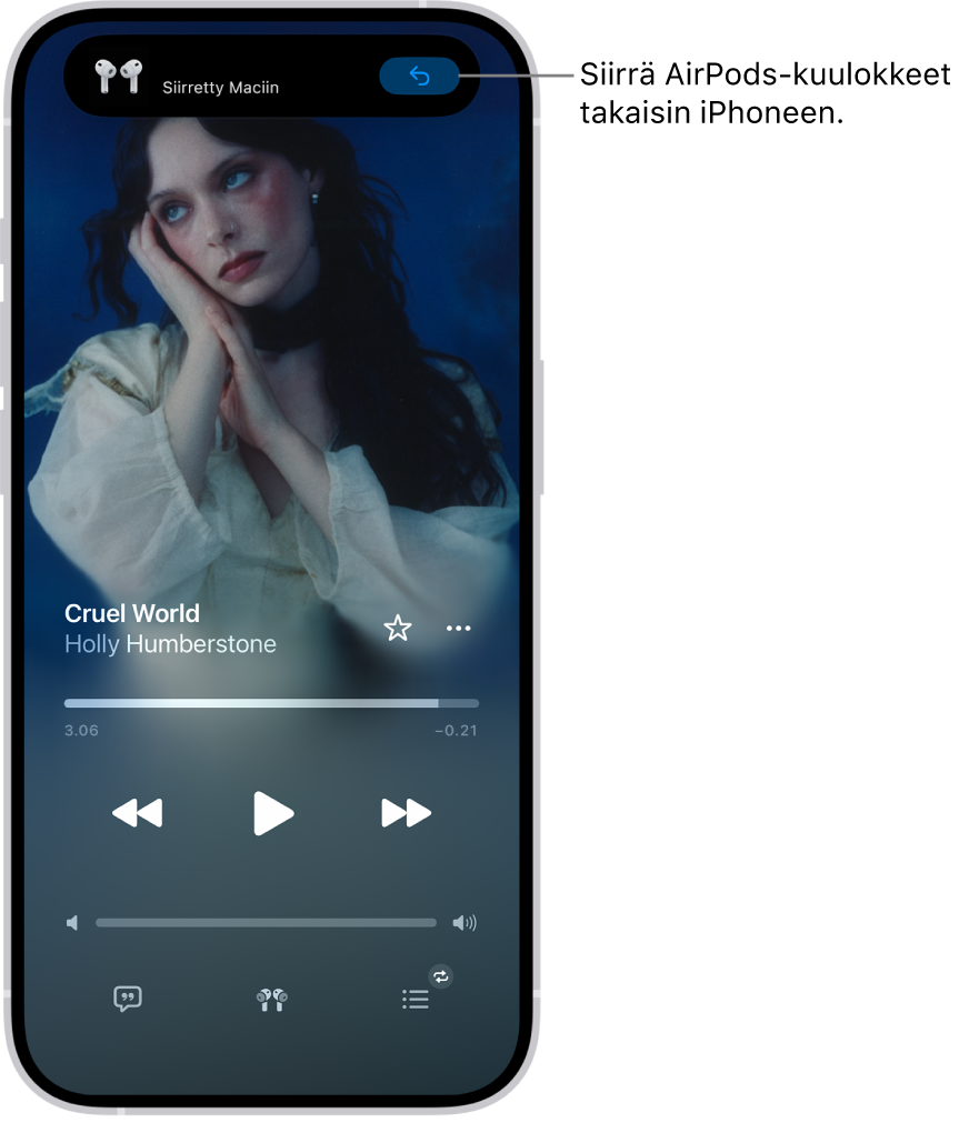 Lukittu näyttö iPhonessa, jossa ylhäällä näkyvässä viestissä lukee ”Siirretty: Mac”. Näytöllä on painike, jolla AirPods-kuulokkeet voi siirtää takaisin iPhoneen.