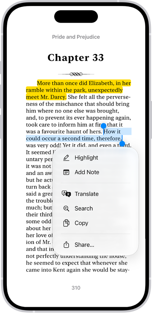 “图书” App 中的图书页面，页面中的一部分文本被选定。所选文本的上方为“高亮标记”、“添加笔记”和“翻译”控制。