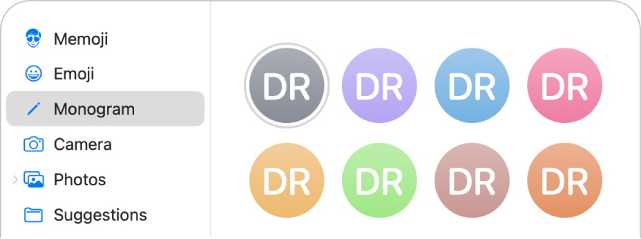 The Apple&nbsp;Account picture options with Monogram selected in the sidebar and various monograms shown.