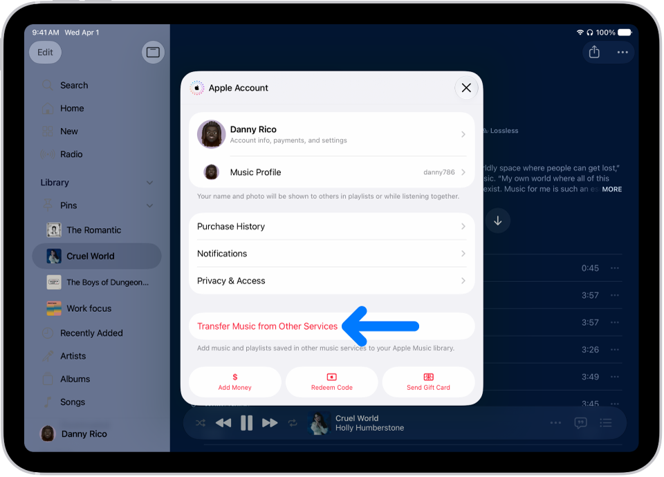 The Transfer Music from Other Services button on the Apple Account screen in Apple Music.