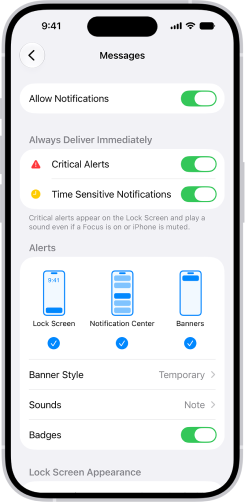 Messages Notification settings in Settings.