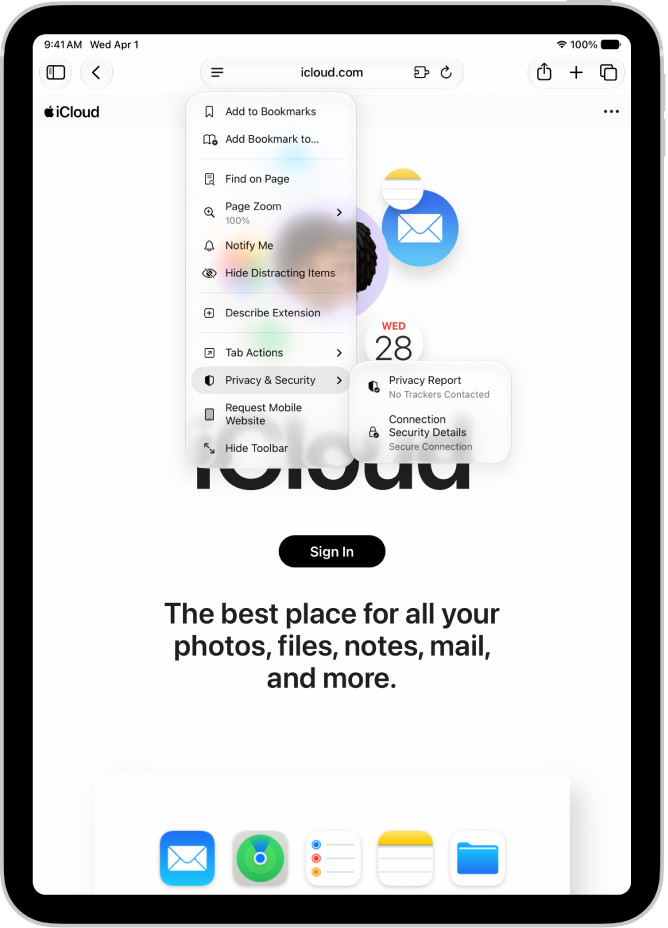 Le Menu de la page est ouvert dans Safari et la commande Détails de la sécurité de la connexion se trouve vers le centre de la page.