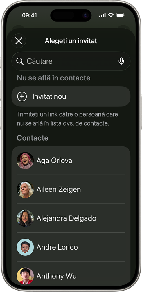 Ecranul „Alegeți un invitat” și o listă de contacte pe un iPhone.