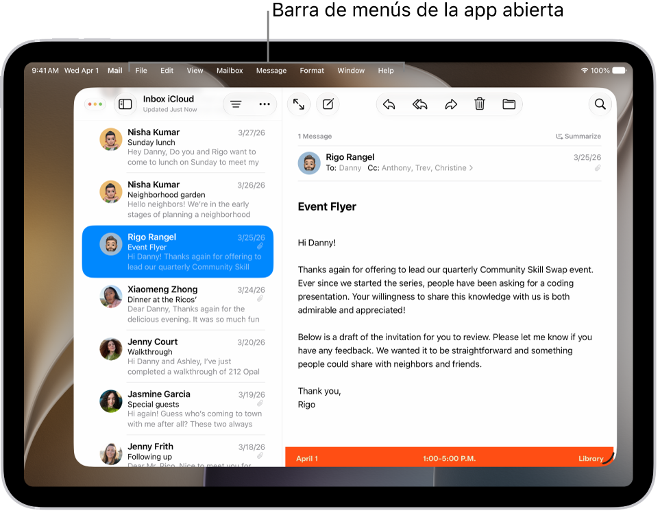 La app Mail abierta en la pantalla del iPad, con la barra de menús visible en la parte superior de la pantalla.