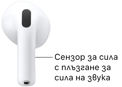 Разположението на сензора за сила с плъзгане за сила на звука на слушалки AirPods 5 с безжична кутия за зареждане, по протежение на удължената част на двете слушалки AirPods.