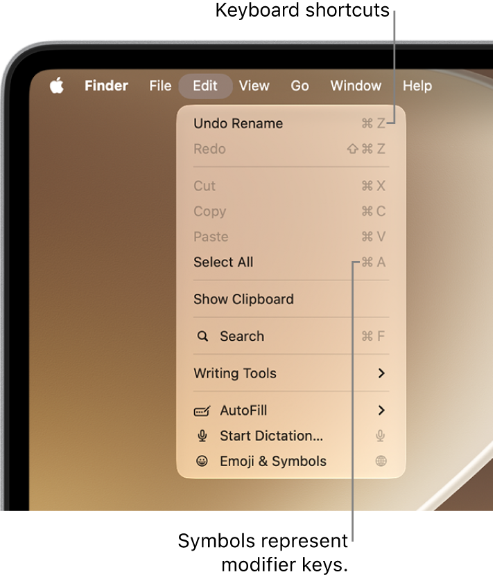 The Edit menu is open in the Finder; keyboard shortcuts appear next to menu items.