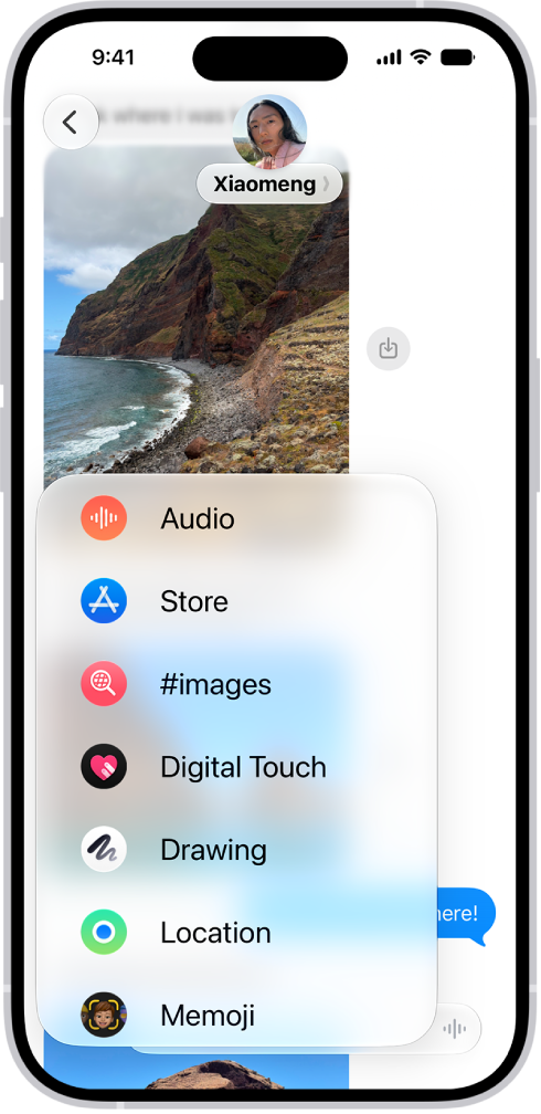The Add menu in Messages on iPhone, showing iMessage options like audio messaging, Check In, Digital Touch, location sharing, and Memoji.