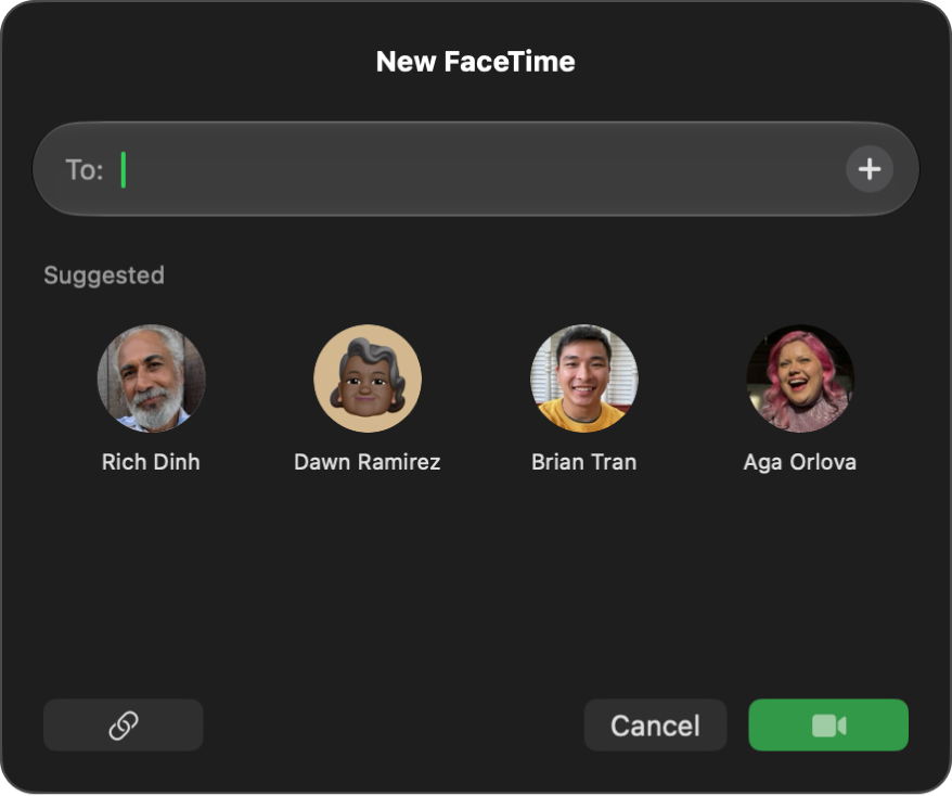 A New FaceTime call window, showing the options to create a link or start a FaceTime call.