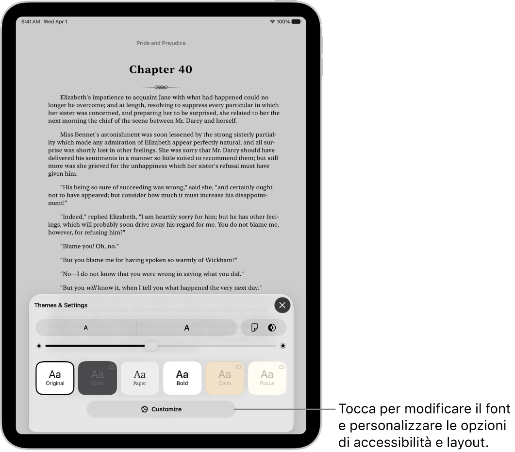 La pagina di un libro nell’app Libri. Le opzioni “Temi e impostazioni” mostrano i controlli per le dimensioni del font, la vista a scorrimento, lo stile del giro pagina, la luminosità e gli stili per il font.