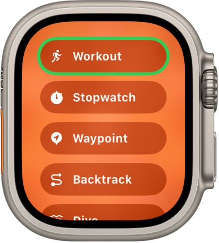 The Quick Switch screen showing the actions that can be assigned to the Action button, such as Workout, Stopwatch, and Waypoint.