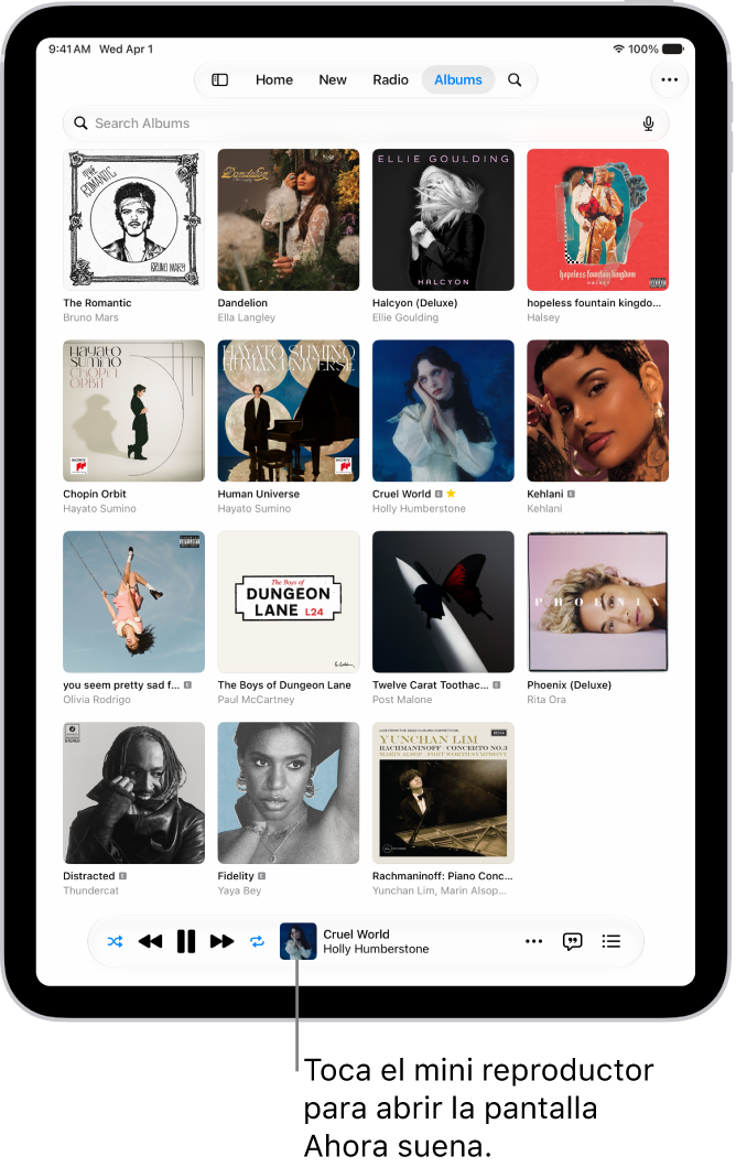 La pantalla Recientes de la biblioteca mostrando el mini reproductor cerca de la parte interior. El mini reproductor muestra el título de la canción que se está reproduciendo. Los botones Pausa y Siguiente pista están a la derecha del título de la canción.