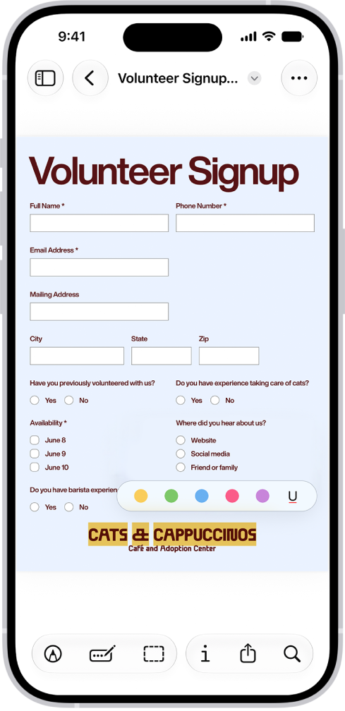 A fillable PDF form with options to highlight and underline text.