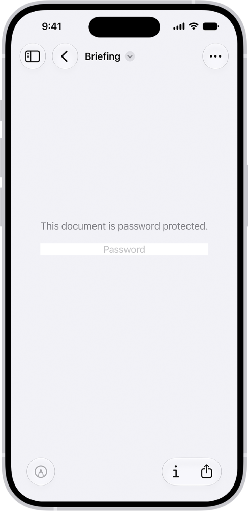 A locked PDF form in the Preview app showing a password field. At the bottom of the screen are the Markup, Info, and Share buttons.