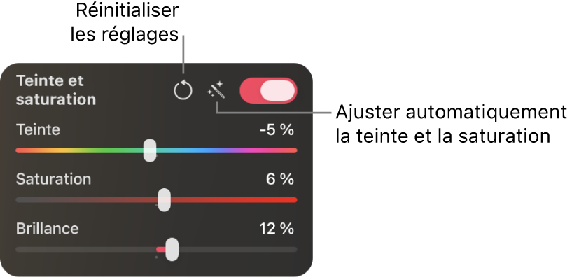 Commandes «&nbsp;Teinte et saturation&nbsp;» dans la sous-fenêtre «&nbsp;Réglages des couleurs&nbsp;».