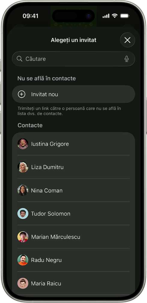 Ecranul Trimiteți invitații și o listă de contacte pe un iPhone.