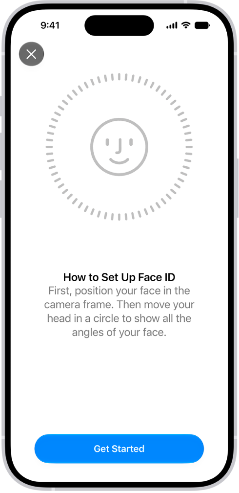 The Face ID recognition setup screen. A face is shown on the screen, enclosed in a circle. Text below the face instructs the user to move their head slowly to complete the circle.