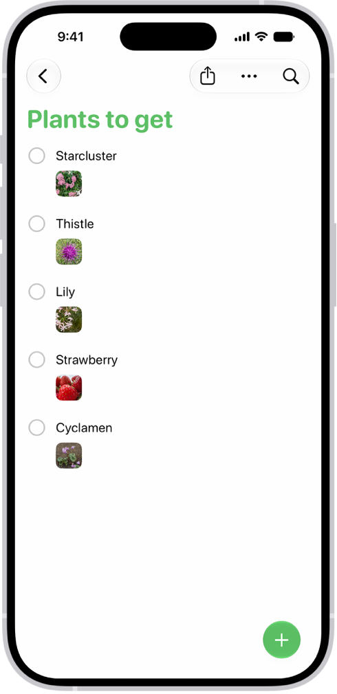 The Reminders app showing a list with photos in each reminder.