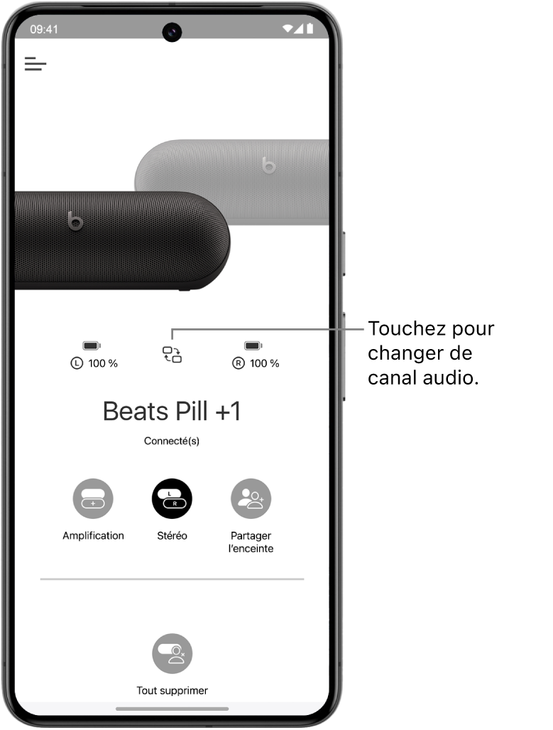 L’écran de l’appareil dans l’app Beats montrant deux haut-parleurs Beats&nbsp;Pill connectés dans un groupe Stéréo, et le bouton pour changer de canal audio.