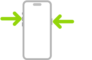 iPhone का कोई चित्रण, जिसमें ऊपर दाईं ओर साइड बटन और ऊपर बाईं ओर वॉल्यूम बढ़ाएँ बटन की ओर ऐरो पॉइंट कर रहे हैं।