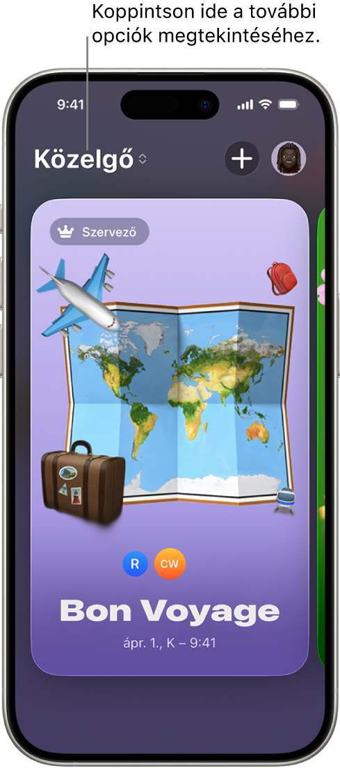 A Meghívók app egyik képernyője egy közelgő eseménnyel.