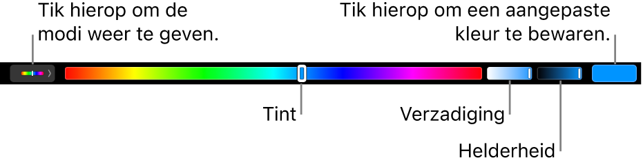 De Touch&nbsp;Bar met schuifknoppen voor kleurtint, kleurverzadiging en helderheid voor de HSB-modus. Uiterst links zie je de knop om alle modi weer te geven; aan de rechterkant staat de knop om een aangepaste kleur te bewaren.