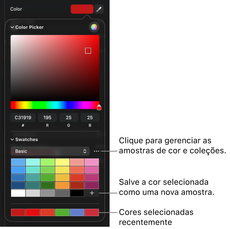 O selecionador exibindo amostras de cores para selecionar.