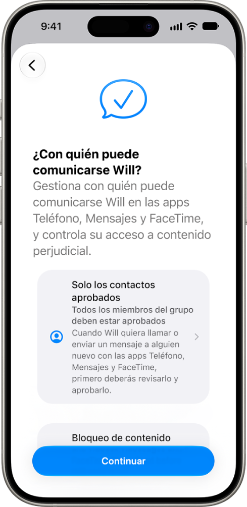 La pantalla de configuración de los controles parentales con las opciones de con quién puede comunicarse un menor.