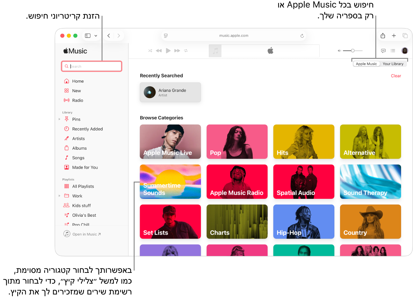 החלון של Apple Music עם שדה החיפוש בפינה הימנית העליונה, רשימת הקטגוריות במרכז ו-Apple Music או ״הספריה שלך״ בפינה השמאלית העליונה. הזן/י קריטריונים לחיפוש בשדה החיפוש ולאחר מכן בחר/י אם לחפש בכל Apple Music או רק בספריה שלך. ניתן גם לבחור קטגוריה, כמו למשל ״צלילי קיץ״, כדי לחפש בתוך רשימת שירים שמזכירים את הקיץ.