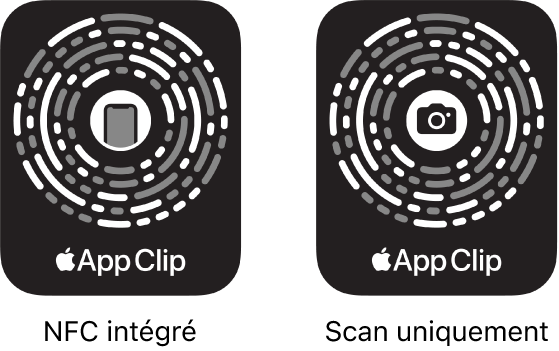 À gauche, un code d’extrait d’app doté de la technologie NFC avec une icône d’iPhone au centre. À droite, un code d’extrait d’app à scanner uniquement, avec une icône de caméra au centre.
