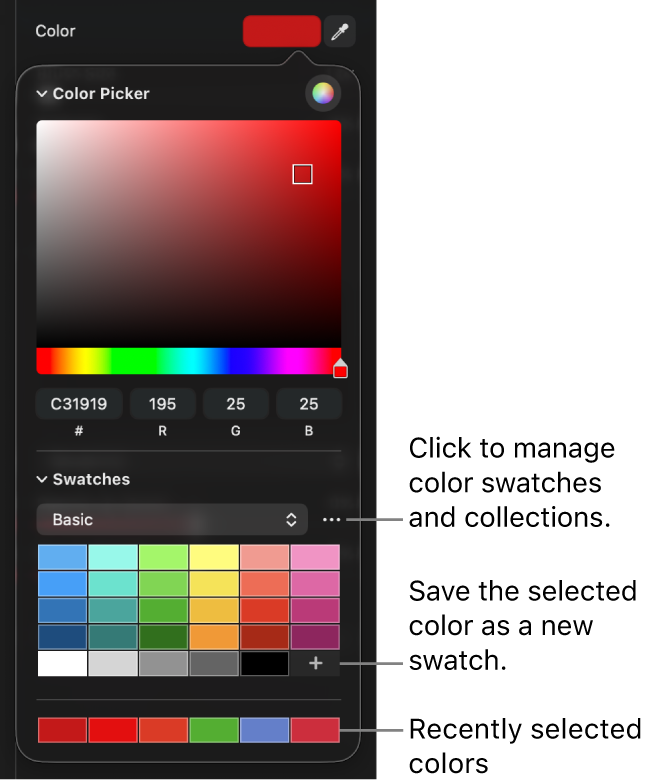 The picker showing swatches of color to select.