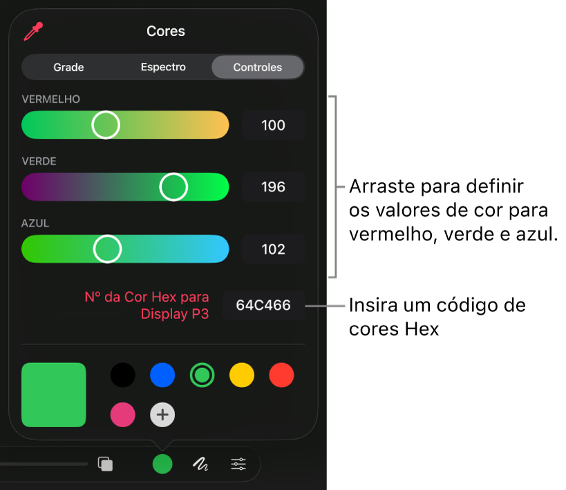 O diálogo Cores mostrando controles deslizantes para selecionar cores.