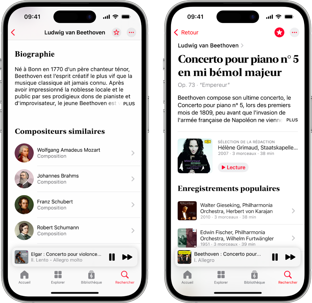 Deux iPhone affichant diverses informations à propos de la musique classique. Le premier affiche la biographie d’un compositeur en haut de l’écran. Le deuxième affiche la description d’une œuvre, juste en dessous du nom de cette dernière.