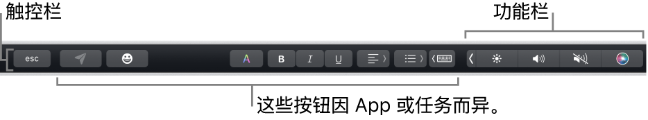 横贯键盘顶部的触控栏，显示右侧折叠的功能栏，按钮因 App 或任务而异。