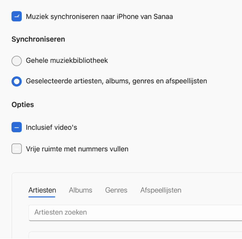 Het Apple Devices-venster met de synchronisatieoptie voor muziek.