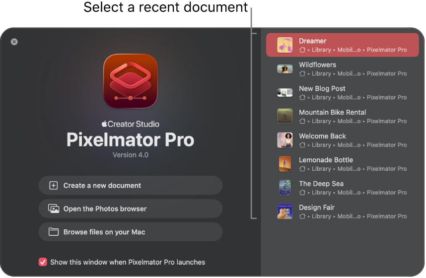 The Pixelmator Pro welcome screen.
