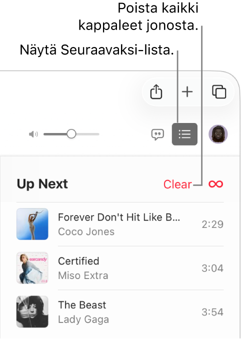 Seuraavaksi-painike Apple Musicin oikeassa yläkulmassa on valittu, ja jono näkyy. Klikkaamalla Tyhjennä-linkkiä listan yläosassa voit poistaa kaikki kappaleet jonosta.