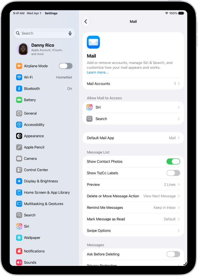 The Mail settings screen.