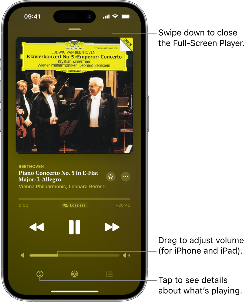 An iPhone showing the Now Playing screen in Apple Music Classical. At the top of the screen is a grey bar that you tap to hide the Now Playing screen and switch back to the MiniPlayer. Beneath the bar are album art, the name of the work and the timeline, which shows the length of the track and how much time has elapsed. In the lower part of the screen are the Skip Backward, Pause and Skip Forward buttons, the volume control, and the Info, AirPlay and Playing Next buttons.