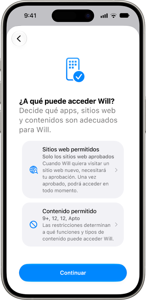 La pantalla de configuración de los controles parentales con las opciones de tipo de contenido al que se puede acceder, como las apps y los sitios web.