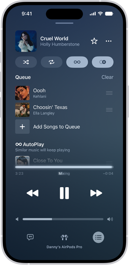 The Now Playing screen showing the queue with AutoPlay and AutoMix turned on. Similar songs appear below the songs in the queue.