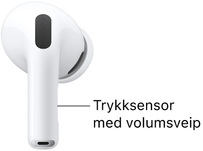 Plasseringen av trykksensoren med volumsveip på AirPods Pro 3 langs stilken på hver AirPod.