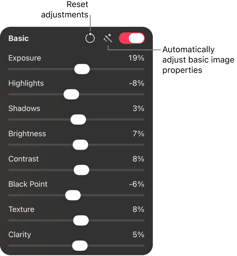 Basic section of the Color Adjustments pane showing slider controls for Exposure, Highlights, Shadows, Brightness, and more.