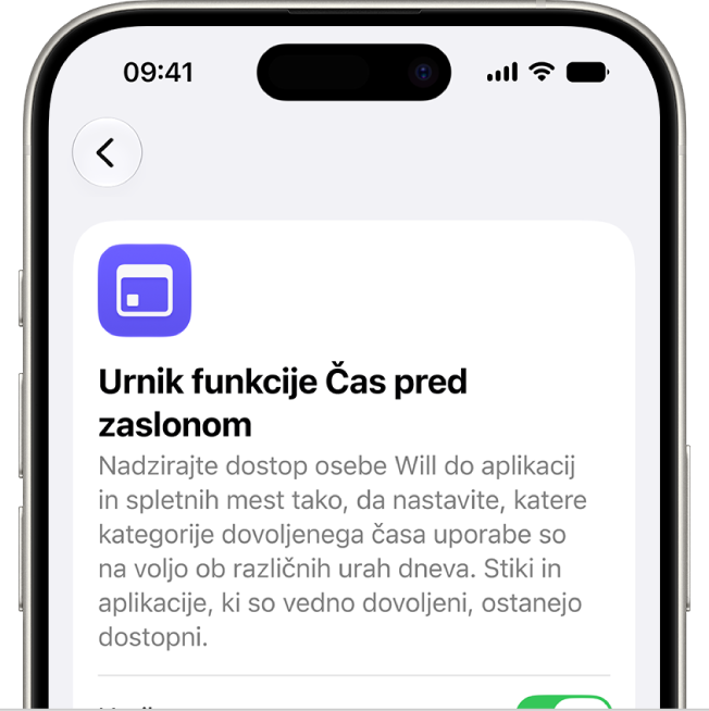 Zaslon z urnikom funkcije Čas pred zaslonom