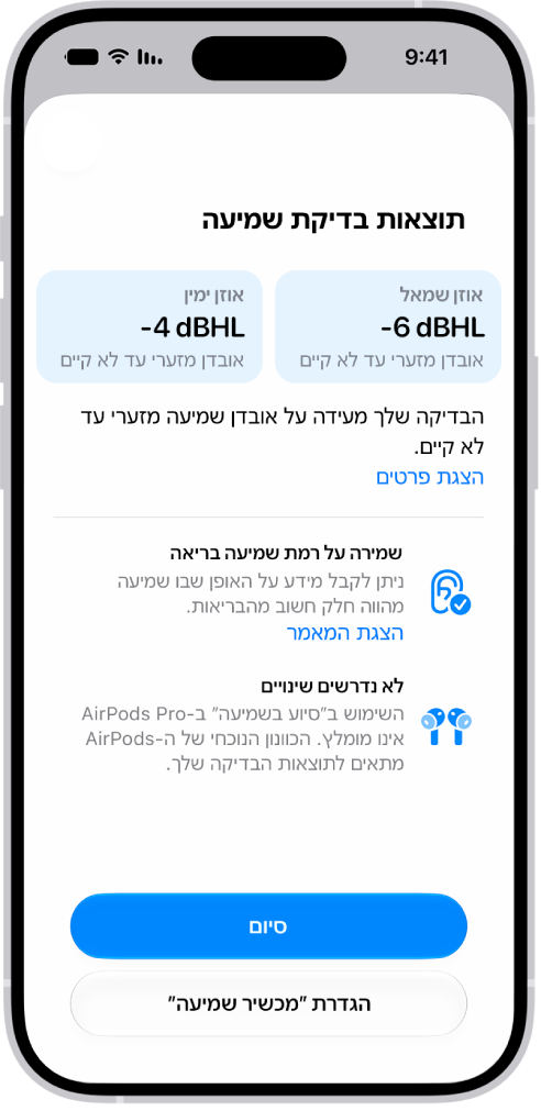 תוצאות ״בדיקת שמיעה״ ב‑iPhone, שמראות אובדן שמיעה נמוך עד אפסי בשתי האוזניים. בחלק התחתון יש אפשרויות להקשה על ״סיום״ או על ״הגדרת ׳מכשיר שמיעה׳״.